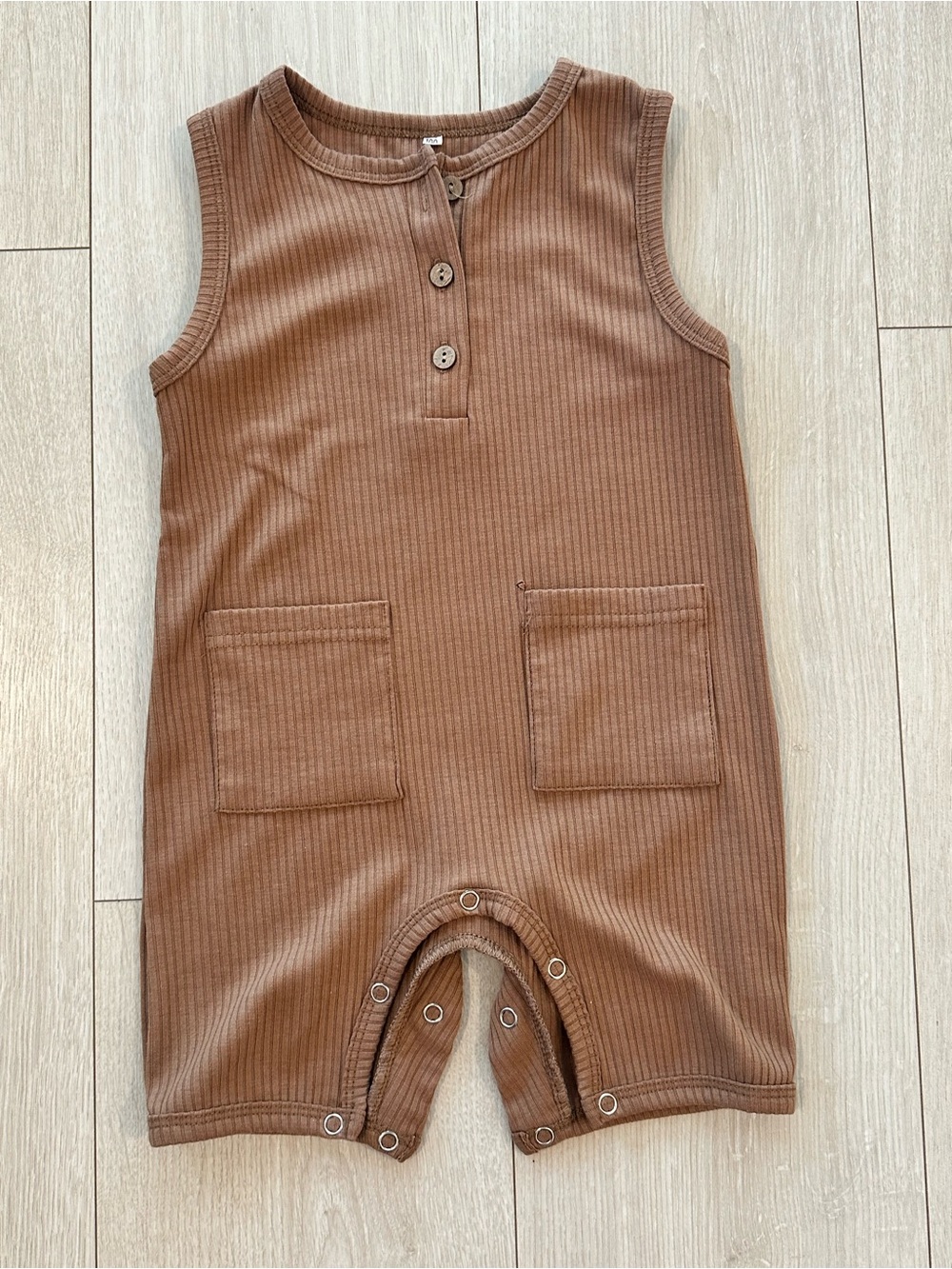 Brown Ribbed Tank Romper with Front Pockets - Kids Baby Toddler